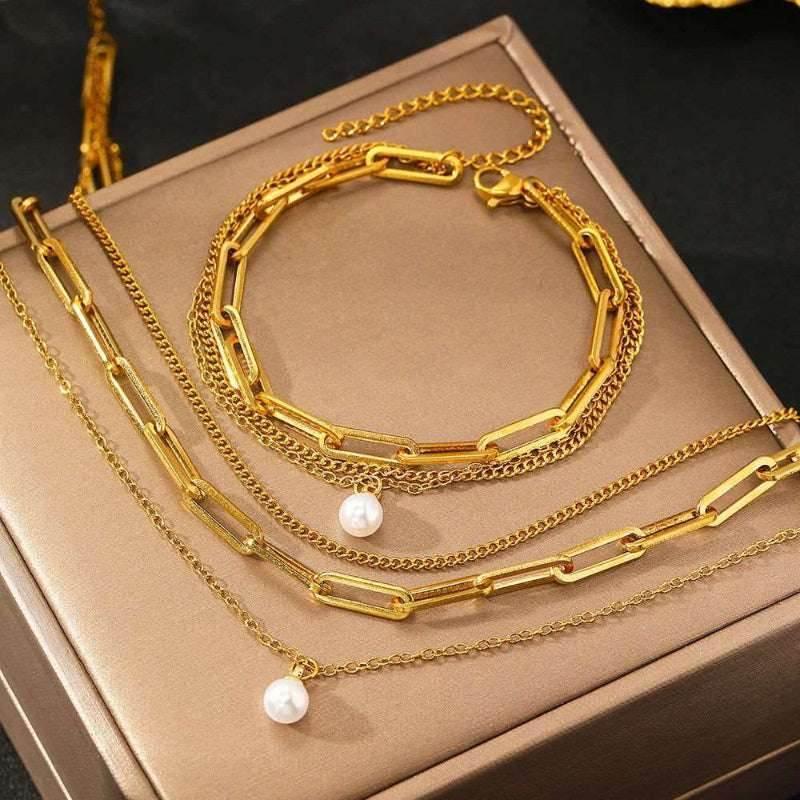 EMESA HOME Stainless Steel Pearl Pendant Jewelry Set, Elegant Multi-Layer Chain Jewelry for Women - EMESA HOME™