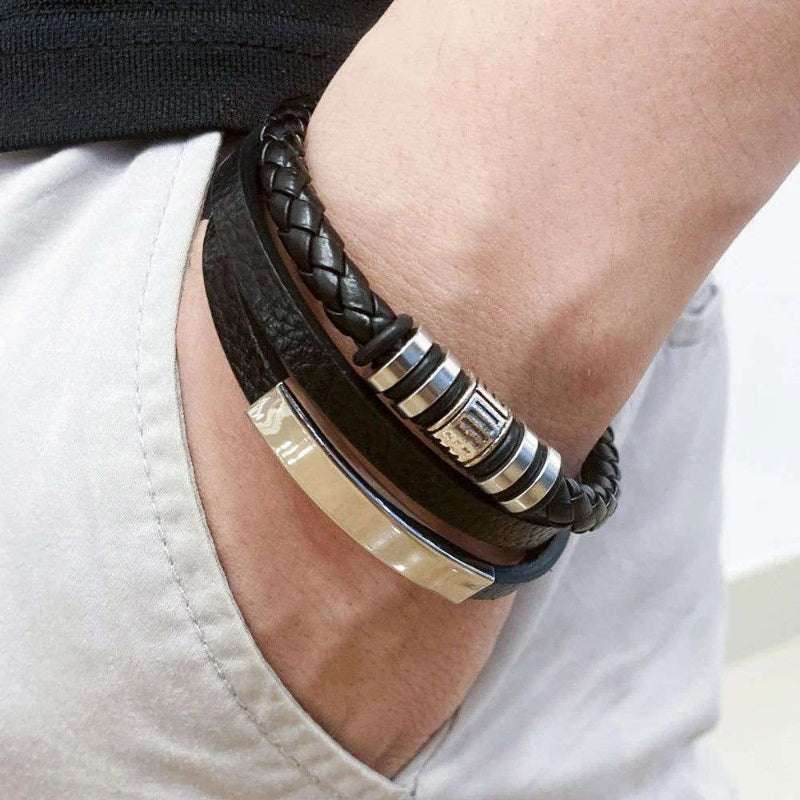 EMESA HOME Trendy Leather Bracelets For Men Stainless Steel Bracelet 21CM Multilayer Braided Rope Bracelets for Male Jewelry Gifts