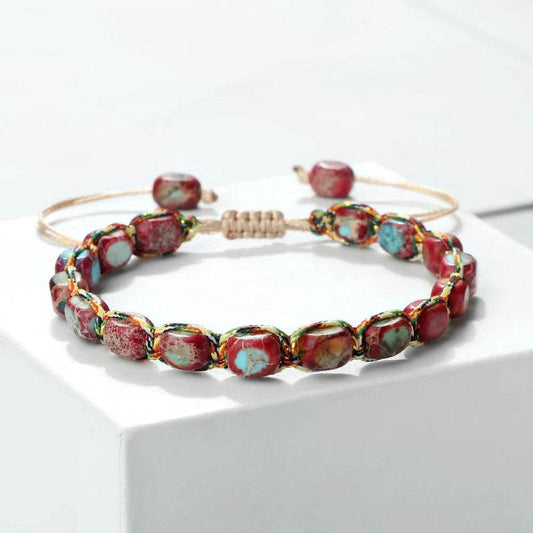 EMESA HOME Bohemian Imperial Stone Beaded Bracelet Handmade Braided Bangle Vintage Strand Jewelry Red Blue