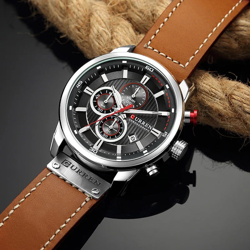 EMESA HOME (CURREN) Brand Watch is a leather sports watch for men, featuring an army military design with quartz movement and chronograph functionality - Emesa Home