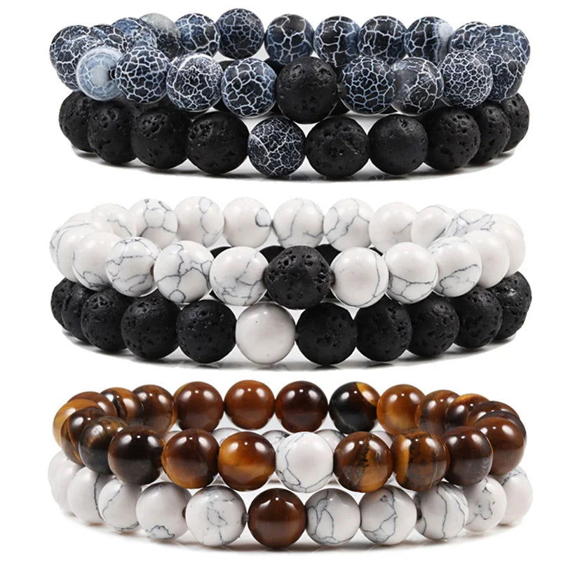 EMESA HOME Couples Lava Stone & Tiger Eye Beaded Bracelets, Elastic Rope Jewelry Set for Men & Women, Black & White Yoga Bracelets. - Emesa Home