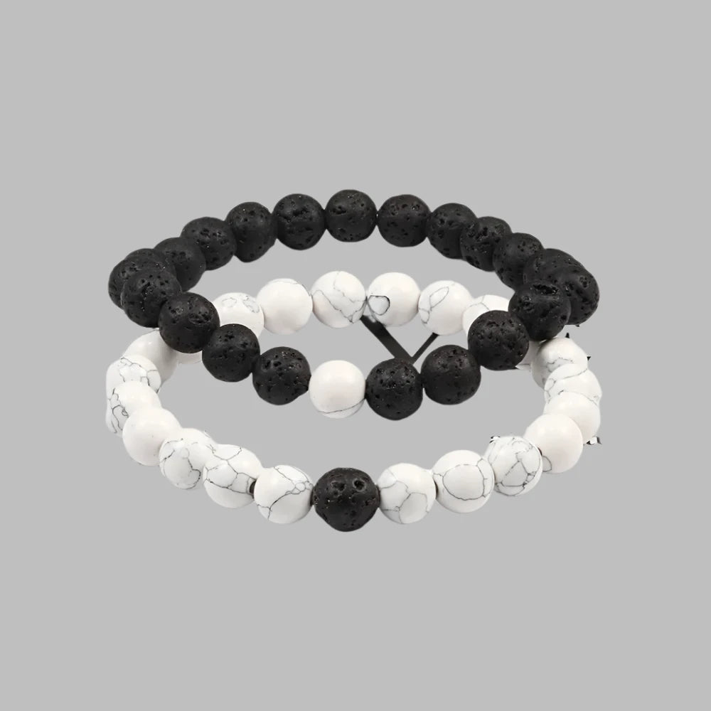 EMESA HOME Couples Lava Stone & Tiger Eye Beaded Bracelets, Elastic Rope Jewelry Set for Men & Women, Black & White Yoga Bracelets. - Emesa Home