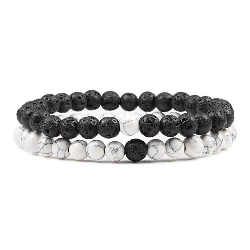 EMESA HOME Couples Lava Stone & Tiger Eye Beaded Bracelets, Elastic Rope Jewelry Set for Men & Women, Black & White Yoga Bracelets. - EMESA HOME™