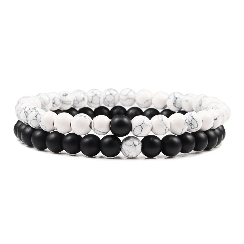 EMESA HOME Couples Lava Stone & Tiger Eye Beaded Bracelets, Elastic Rope Jewelry Set for Men & Women, Black & White Yoga Bracelets. - Emesa Home