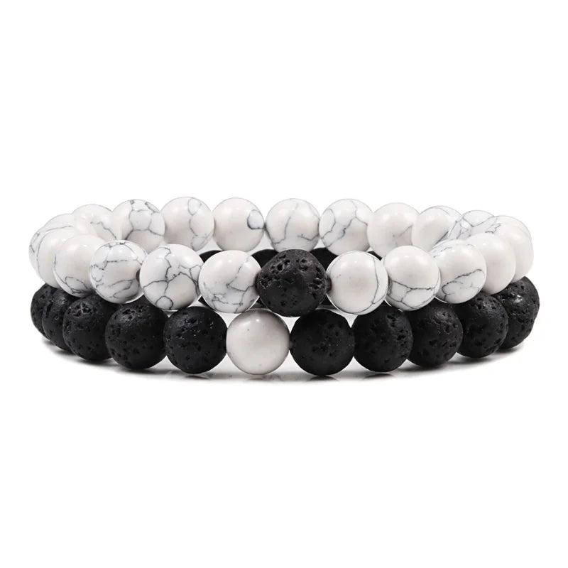 EMESA HOME Couples Lava Stone & Tiger Eye Beaded Bracelets, Elastic Rope Jewelry Set for Men & Women, Black & White Yoga Bracelets. - Emesa Home