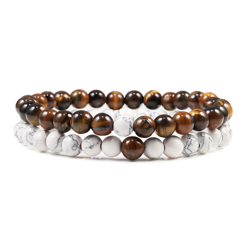 EMESA HOME Couples Lava Stone & Tiger Eye Beaded Bracelets, Elastic Rope Jewelry Set for Men & Women, Black & White Yoga Bracelets. - Emesa Home