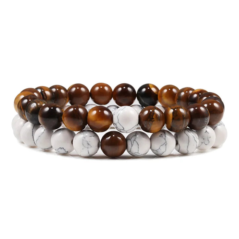 EMESA HOME Couples Lava Stone & Tiger Eye Beaded Bracelets, Elastic Rope Jewelry Set for Men & Women, Black & White Yoga Bracelets. - Emesa Home