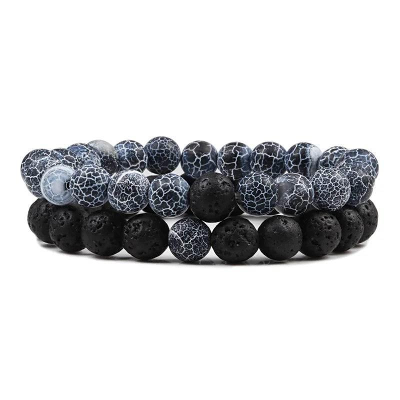 EMESA HOME Couples Lava Stone & Tiger Eye Beaded Bracelets, Elastic Rope Jewelry Set for Men & Women, Black & White Yoga Bracelets. - EMESA HOME™