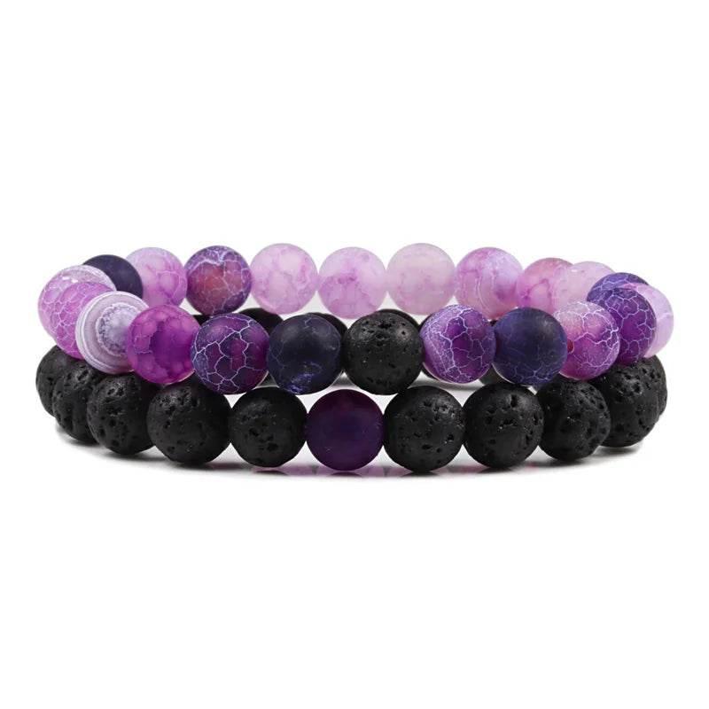 EMESA HOME Couples Lava Stone & Tiger Eye Beaded Bracelets, Elastic Rope Jewelry Set for Men & Women, Black & White Yoga Bracelets. - EMESA HOME™