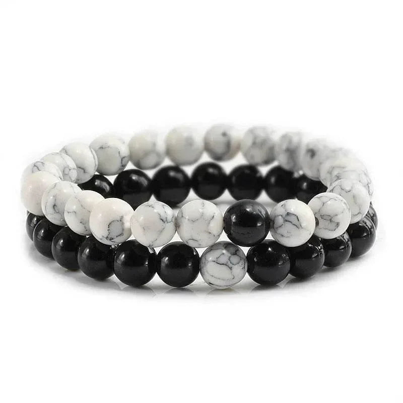 EMESA HOME Couples Lava Stone & Tiger Eye Beaded Bracelets, Elastic Rope Jewelry Set for Men & Women, Black & White Yoga Bracelets. - EMESA HOME™