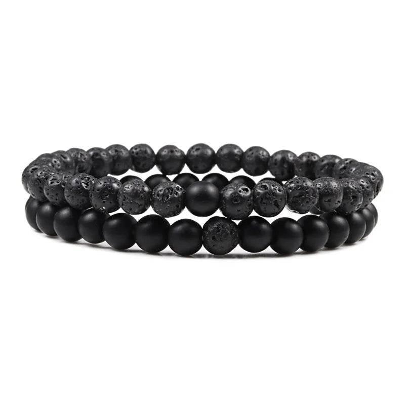 EMESA HOME Couples Lava Stone & Tiger Eye Beaded Bracelets, Elastic Rope Jewelry Set for Men & Women, Black & White Yoga Bracelets. - EMESA HOME™