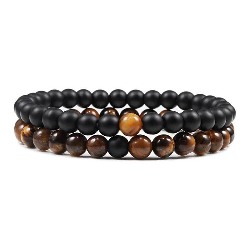 EMESA HOME Couples Lava Stone & Tiger Eye Beaded Bracelets, Elastic Rope Jewelry Set for Men & Women, Black & White Yoga Bracelets. - EMESA HOME™