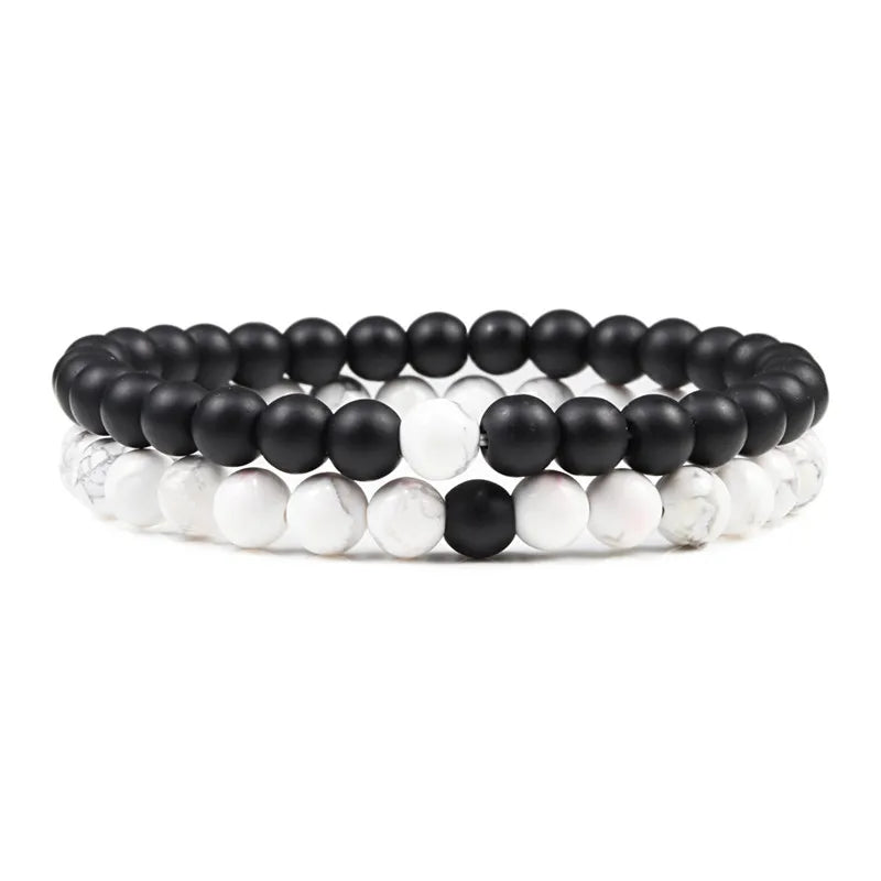 EMESA HOME Couples Lava Stone & Tiger Eye Beaded Bracelets, Elastic Rope Jewelry Set for Men & Women, Black & White Yoga Bracelets. - Emesa Home