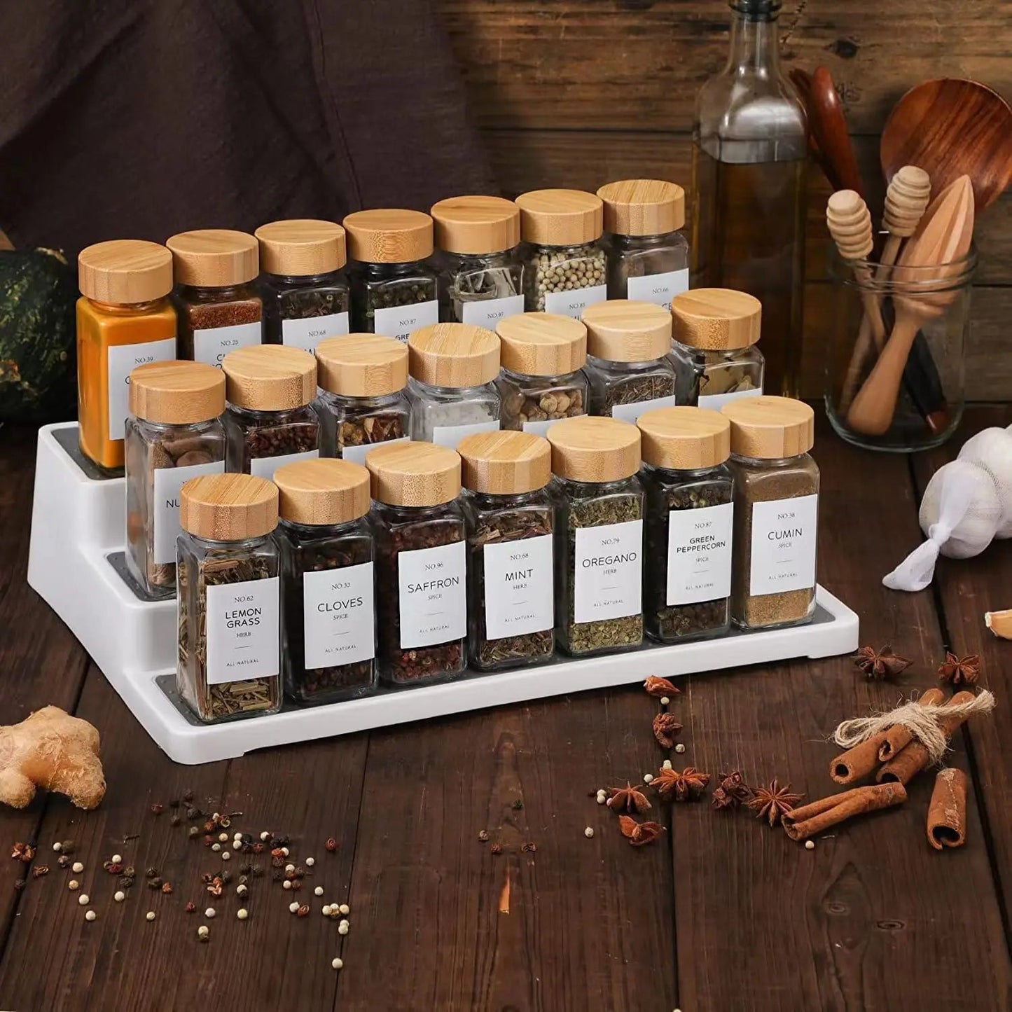 EMESA HOME Glass Spice Jars with Bamboo Lids provide a chic, eco-friendly way to organize your kitchen spices and seasonings. - Emesa Home