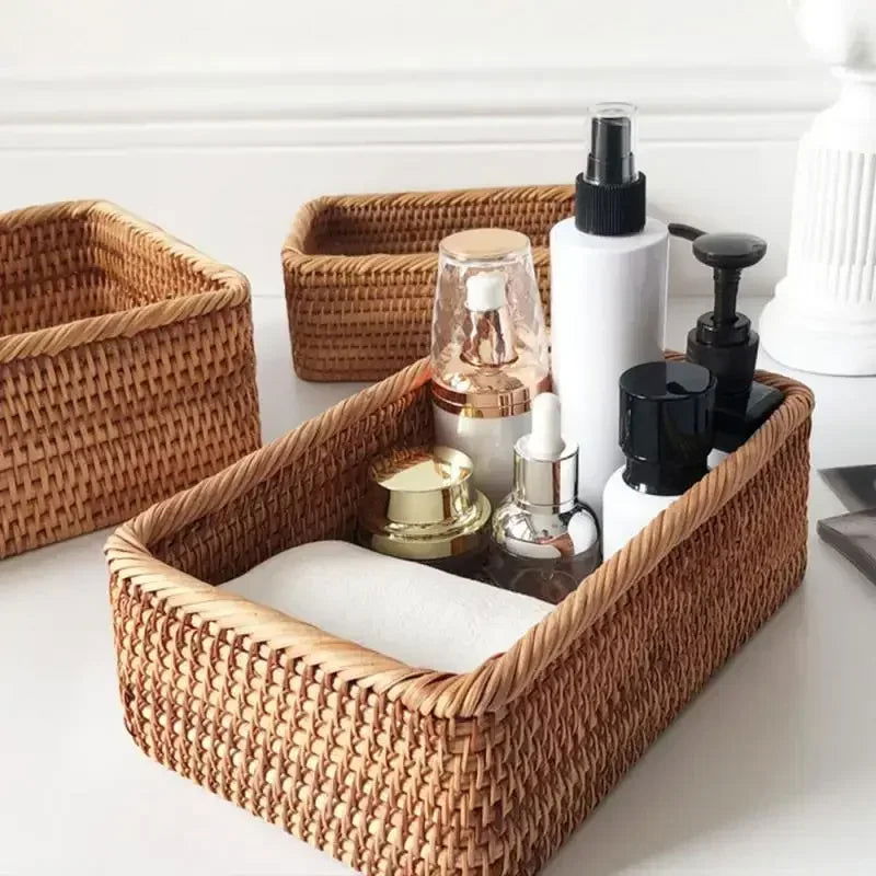 EMESA HOME Handwoven Rectangular Rattan Wicker Basket – For Fruit, Tea, Snacks, Bread, Picnic, Cosmetic Storage, Kitchen Supplies - Emesa Home