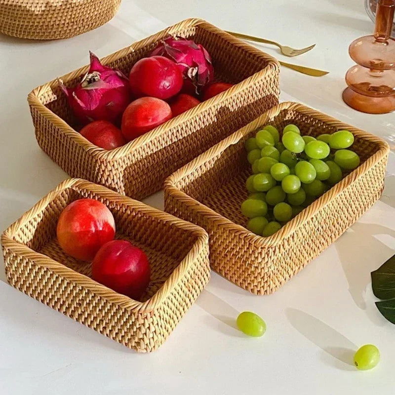 EMESA HOME Handwoven Rectangular Rattan Wicker Basket – For Fruit, Tea, Snacks, Bread, Picnic, Cosmetic Storage, Kitchen Supplies - Emesa Home