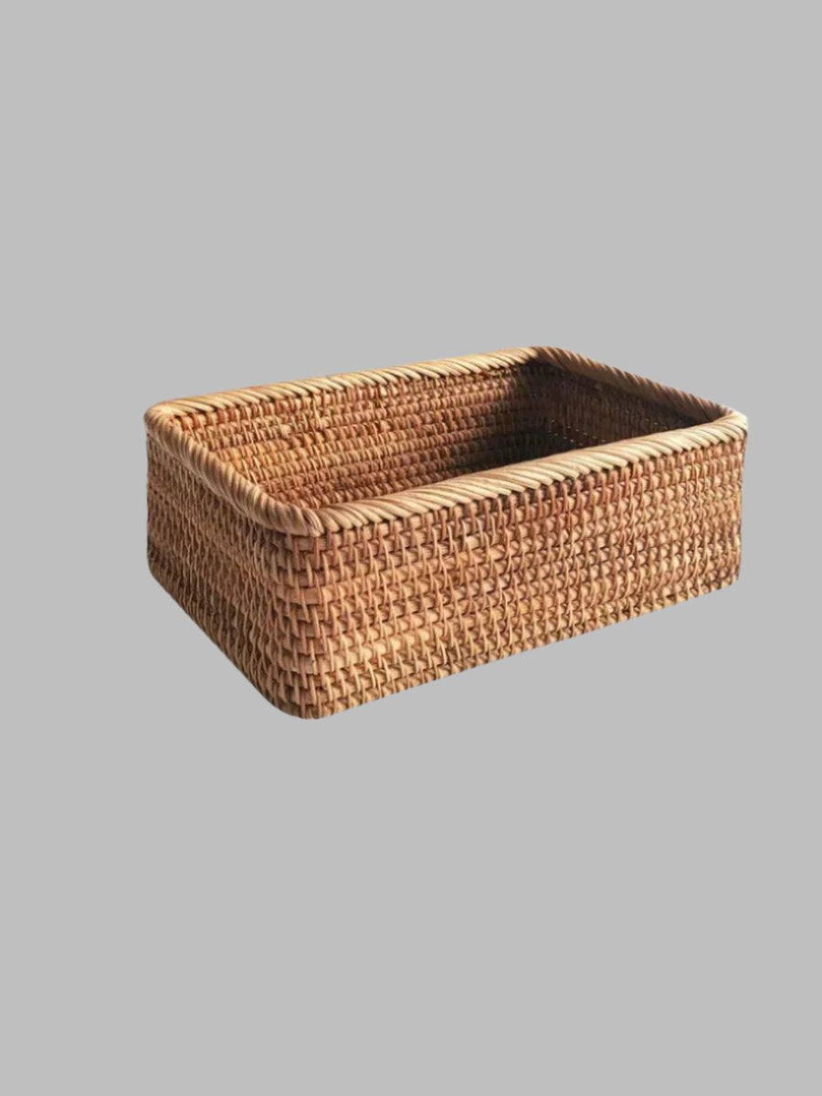 EMESA HOME Handwoven Rectangular Rattan Wicker Basket – For Fruit, Tea, Snacks, Bread, Picnic, Cosmetic Storage, Kitchen Supplies - Emesa Home