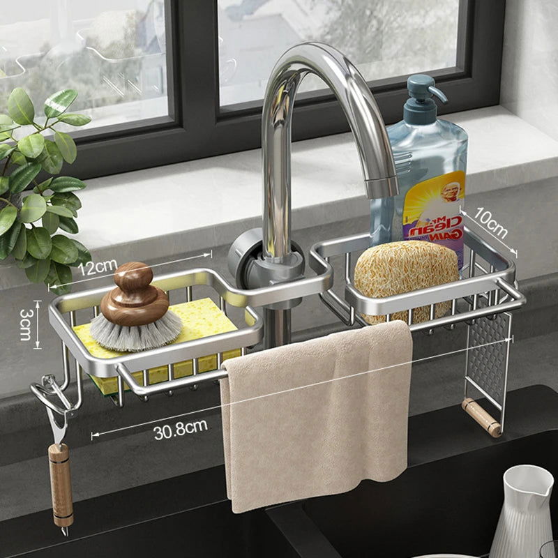 EMESA HOME Kitchen Space Aluminum Sink Drain Rack Sponge Storage Faucet Holder Soap Drainer Shelf Basket Organizer Bathroom Accessories - Emesa Home