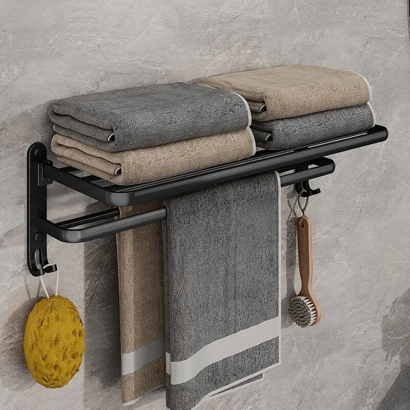 EMESA HOME Matte Black 50CM Folding Towel Holder with Hook - Wall Mount Aluminum Towel Rack - Emesa Home