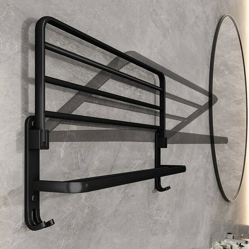 EMESA HOME Matte Black 50CM Folding Towel Holder with Hook - Wall Mount Aluminum Towel Rack - Emesa Home