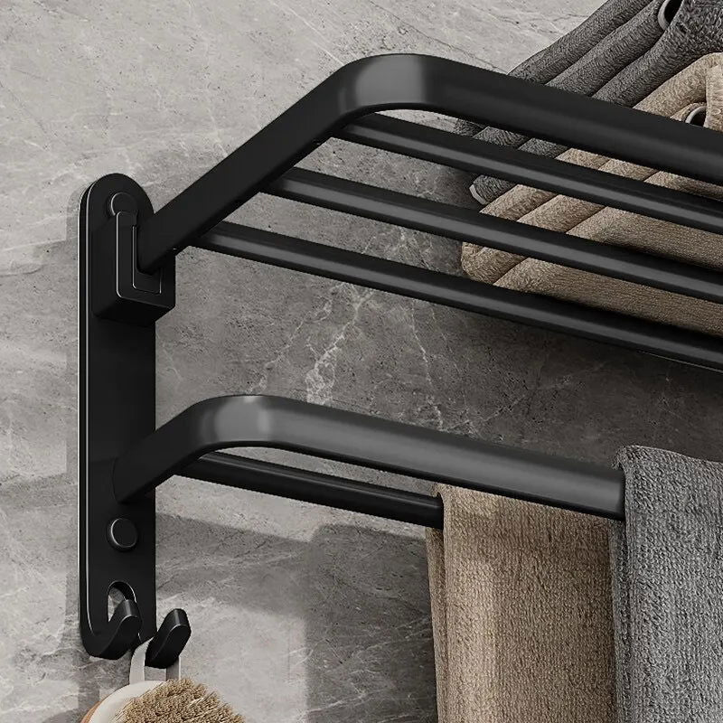 EMESA HOME Matte Black 50CM Folding Towel Holder with Hook - Wall Mount Aluminum Towel Rack - Emesa Home