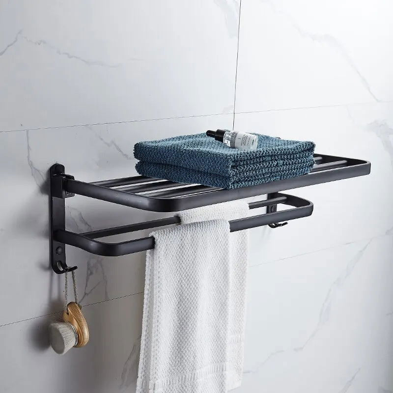 EMESA HOME Matte Black 50CM Folding Towel Holder with Hook - Wall Mount Aluminum Towel Rack - Emesa Home