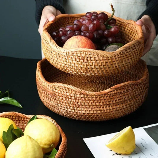 EMESA HOME New Handwoven Storage Basket Rattan Storage Tray Wicker Basket Bread Fruit Breakfast Tea Picnic basket Kitchen Storage Basket - Emesa Home