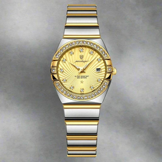 EMESA HOME Luxury Women's Waterproof Luminous Date Stainless Steel Wristwatch - High-Quality Quartz Ladies Watch with Box Gold Yellow