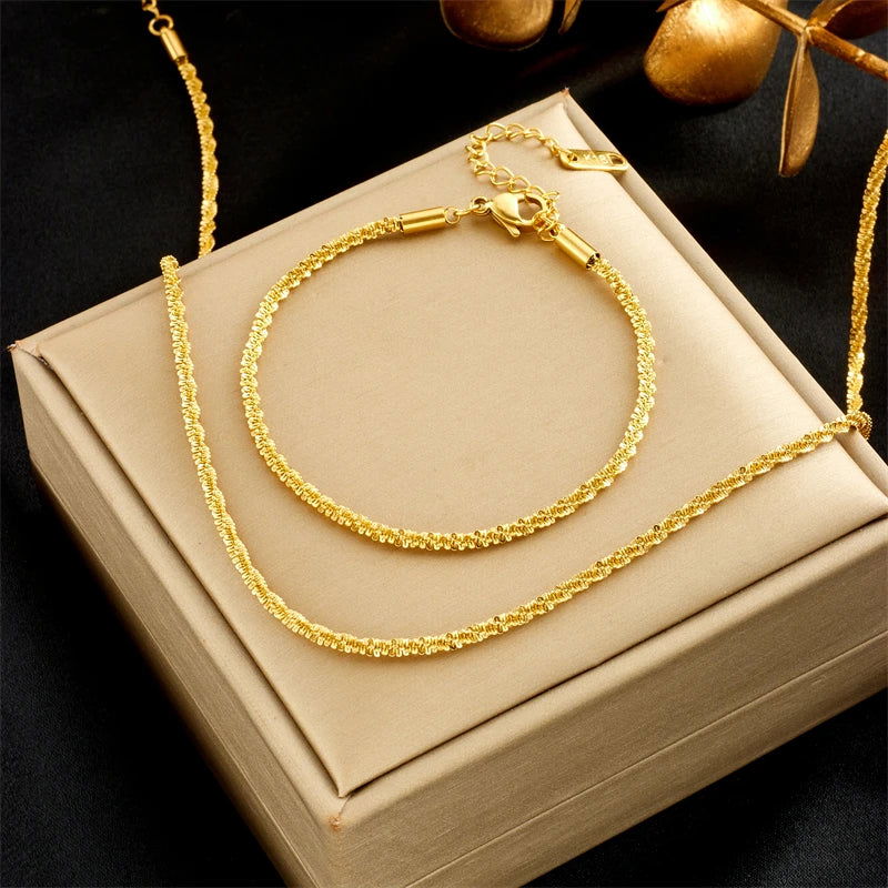 EMESA HOME Stainless Steel Gold Delicate Fine Chain Necklace and Bracelets Set for Women - Trendy, Waterproof, and Versatile Jewelry - Emesa Home