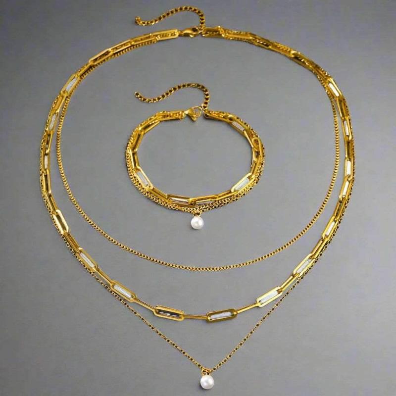 EMESA HOME Stainless Steel Pearl Pendant Jewelry Set, Elegant Multi-Layer Chain Jewelry for Women - EMESA HOME™