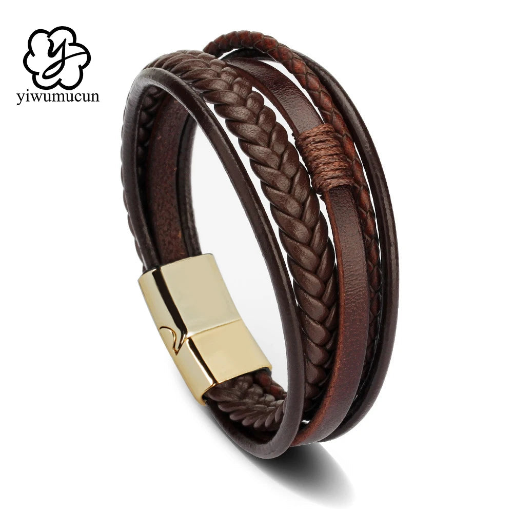 EMESA HOME Trendy Leather Bracelets For Men Stainless Steel Bracelet 21CM Multilayer Braided Rope Bracelets for Male Jewelry Gifts - Emesa Home