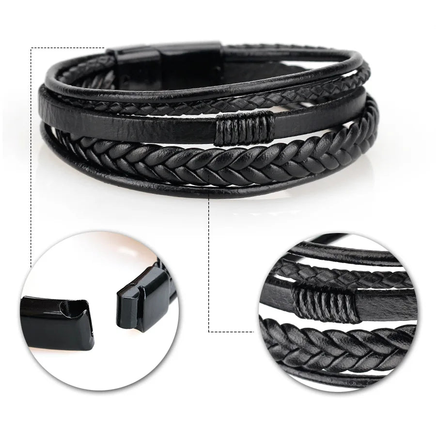 EMESA HOME Trendy Leather Bracelets For Men Stainless Steel Bracelet 21CM Multilayer Braided Rope Bracelets for Male Jewelry Gifts - Emesa Home