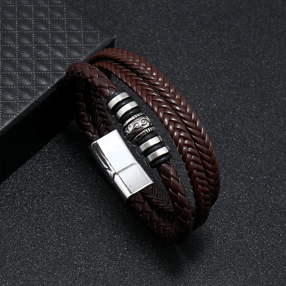 EMESA HOME Trendy Leather Bracelets For Men Stainless Steel Bracelet 21CM Multilayer Braided Rope Bracelets for Male Jewelry Gifts - Emesa Home