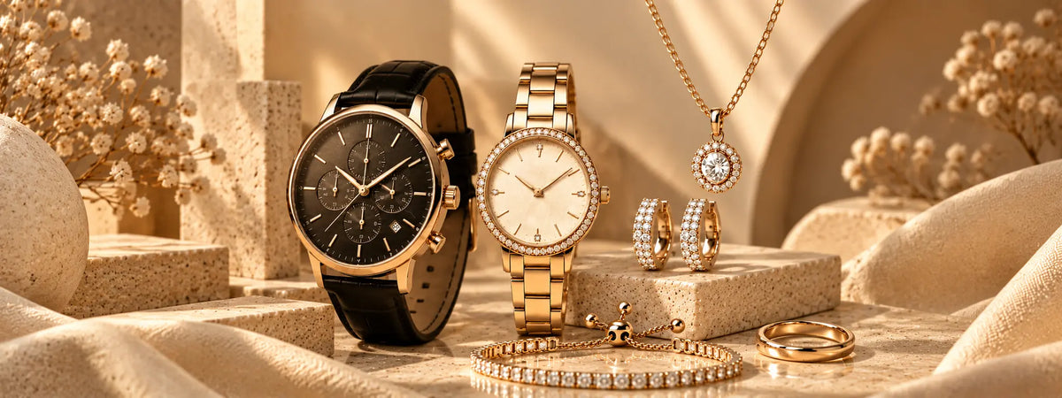 Elegant watches and jewelry accessories collection featuring gold watches, earrings, necklace, bracelet and ring
