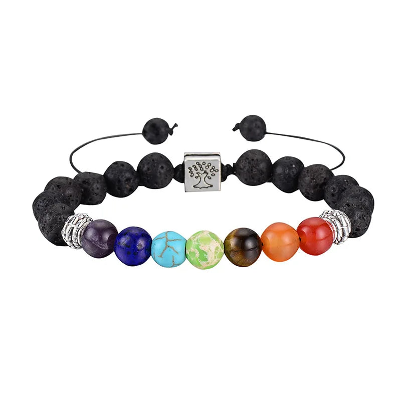 Chakra beaded bracelet with black stones and colorful beads on a white background