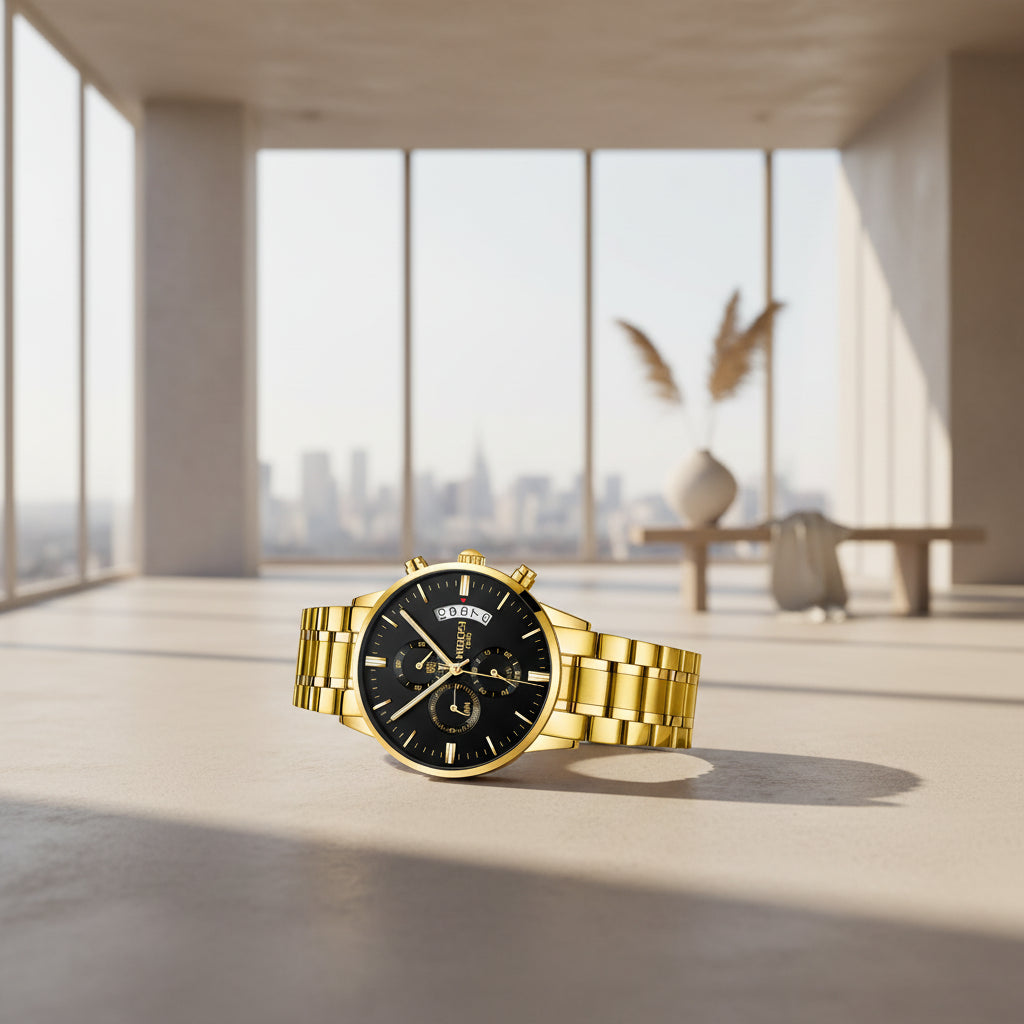 Gold wristwatch with black dial on a reflective surface