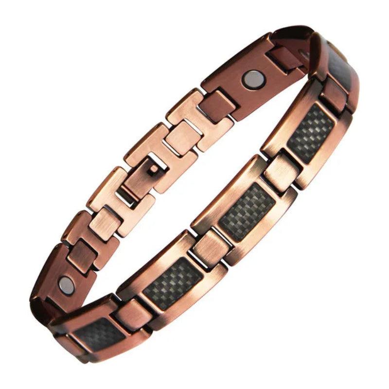 Copper bracelet with carbon fiber inlay on a white background