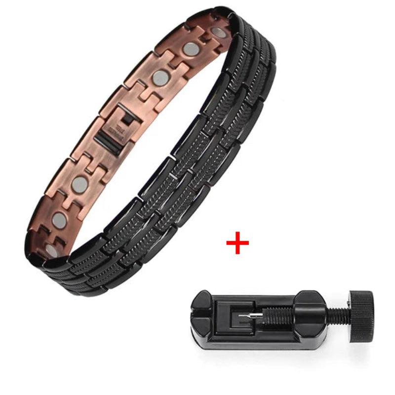 Black and rose gold magnetic bracelet with a tool on a white background