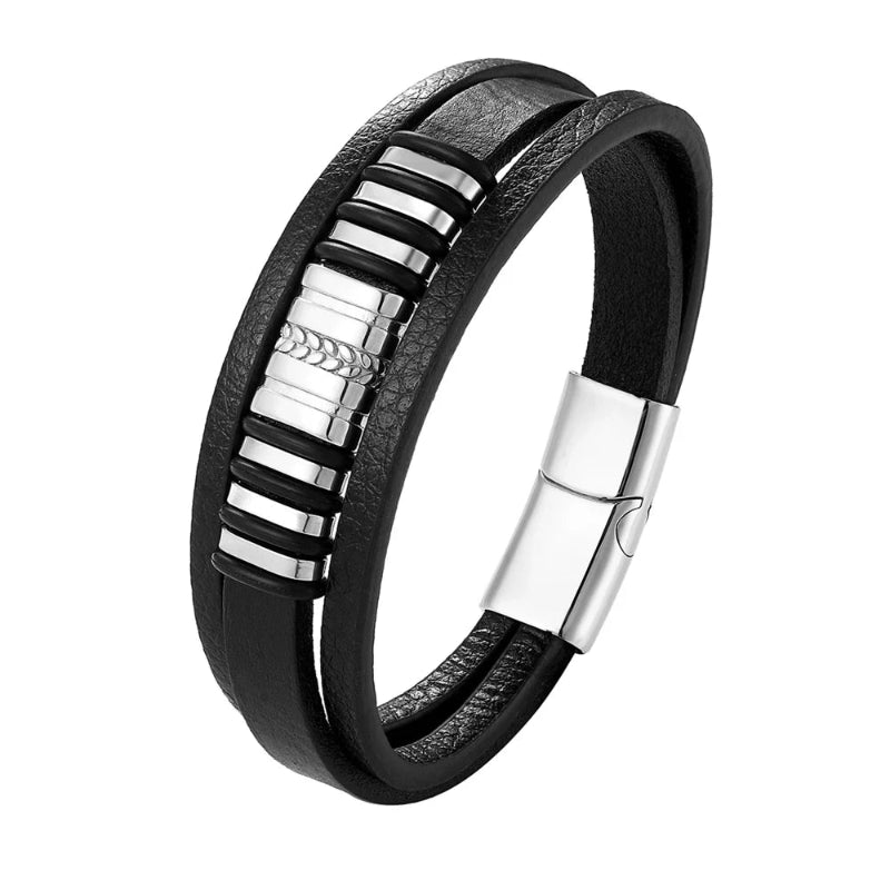 Black leather bracelet with silver accents on a white background