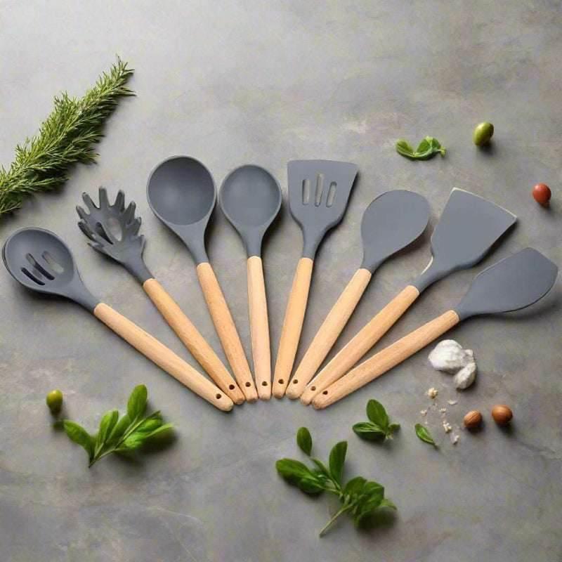 EMESA HOME Silicone Kitchen Utensils Set – Non-Stick Spatula, Spoon & Brush with Wooden Multifunction Handle - EMESA HOME™
