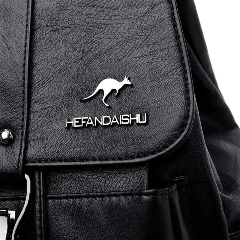 Black leather bag with a kangaroo logo and 'HEFANDAISHU' text on a white background