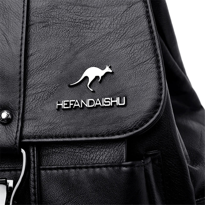 Black leather bag with a kangaroo logo and 'HEFANDAISHU' text on a white background