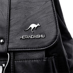 Black leather bag with a kangaroo logo and 'HEFANDAISHU' text on a white background