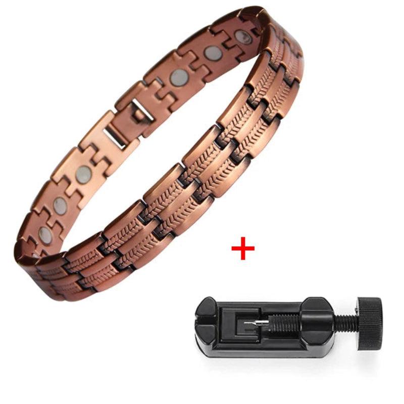 Copper magnetic bracelet with a tool on a white background