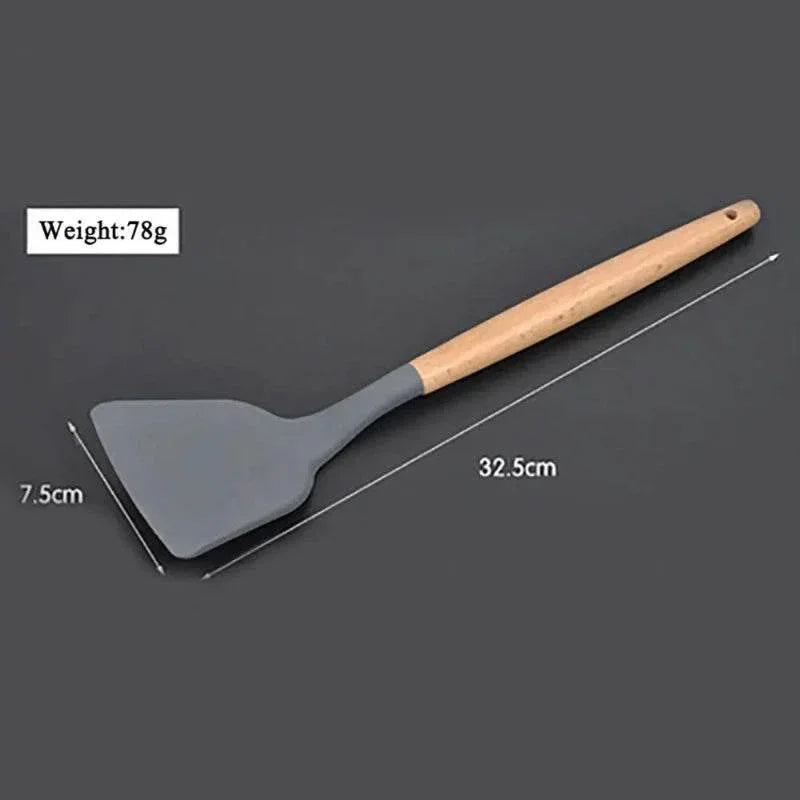 EMESA HOME Silicone Kitchen Utensils Set – Non-Stick Spatula, Spoon & Brush with Wooden Multifunction Handle - EMESA HOME™