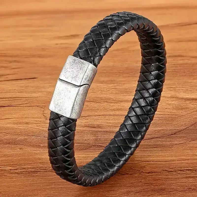 EMESA HOME Fashion Stainless Steel Charm Bracelet – Black Leather, Genuine Braided, Punk Rock Jewelry Accessories for Men - EMESA HOME™