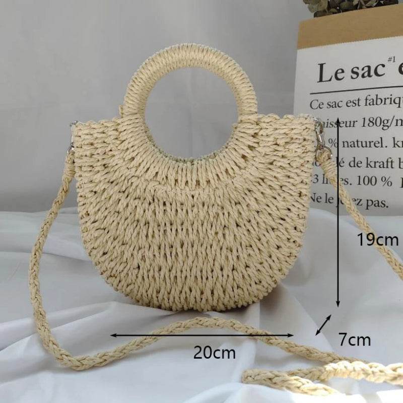 EMESA HOME Handmade Straw Bag – Women’s Woven Beach Tote, Moon-Shaped Top Handle Handbag, Summer Holiday Shoulder Bag Beige addstrap S as picture