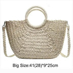 EMESA HOME Handmade Straw Bag – Women’s Woven Beach Tote, Moon-Shaped Top Handle Handbag, Summer Holiday Shoulder Bag - EMESA HOME™