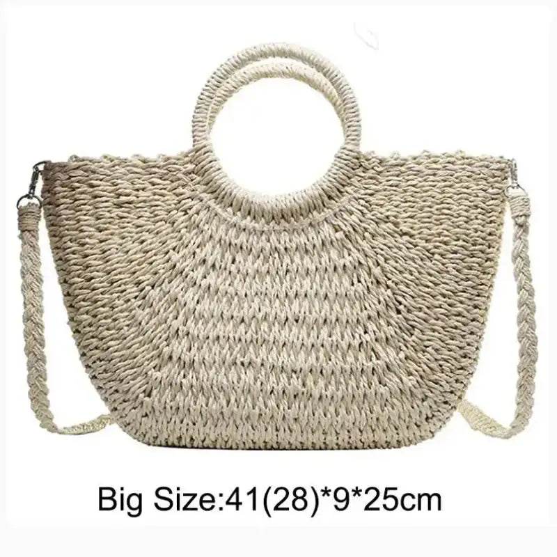 EMESA HOME Handmade Straw Bag – Women’s Woven Beach Tote, Moon-Shaped Top Handle Handbag, Summer Holiday Shoulder Bag Beige addstrap L as picture