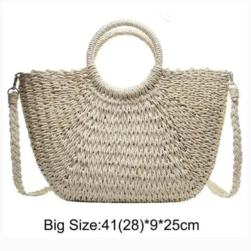 EMESA HOME Handmade Straw Bag – Women’s Woven Beach Tote, Moon-Shaped Top Handle Handbag, Summer Holiday Shoulder Bag - EMESA HOME™
